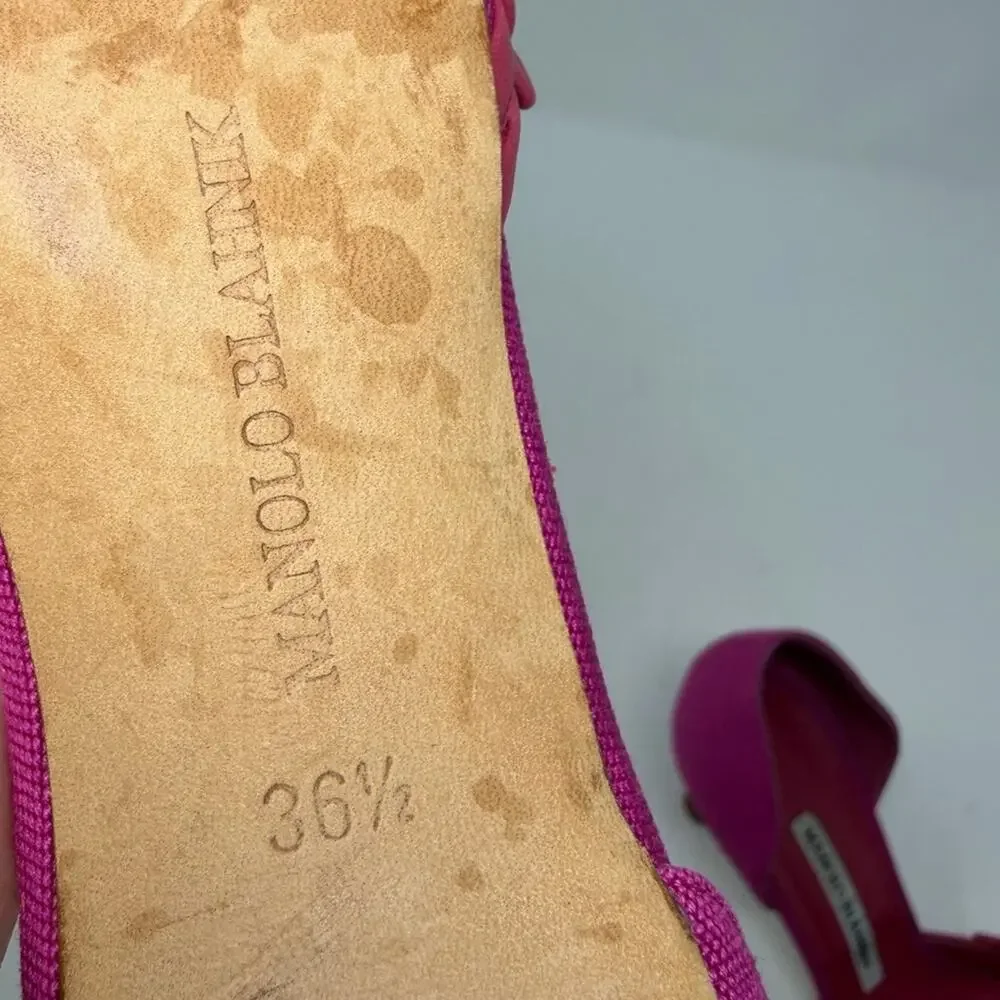 Manolo Blahnik D’Orsay Heels Pink Canvas Pointed Toe Womens Size EU 36.5